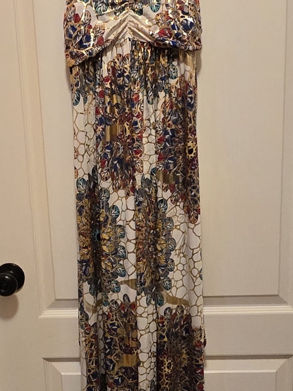 India Boutique One Size Metallic Gold Feather Print Maxi Dress Boho Resort